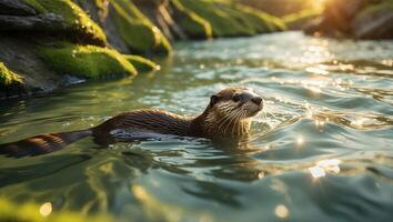 Otter Swimming in River with Mossy Rocks photo
