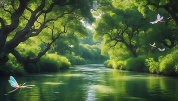 River and Dragonfly in Lush Green Forest photo