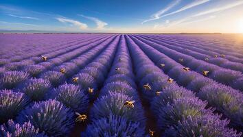 Lavender Field with Bees on Clear Sunny Day photo
