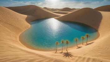 Desert Oasis with Palm Trees Reflecting Sun on Water photo