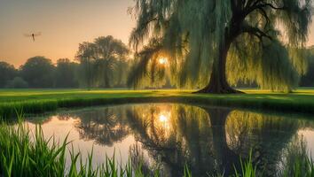 Willow Tree Reflecting in Pond at Sunset photo