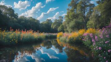 River Flowing Through a Forest Filled with Wildflowers and Reflected Sky photo