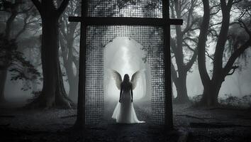 Angel in Dress in Foggy Forest with Gate photo