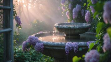 Fountain with Lilac Flowers in Garden photo