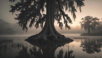 Tree in Foggy Swamp Reflected on Water photo