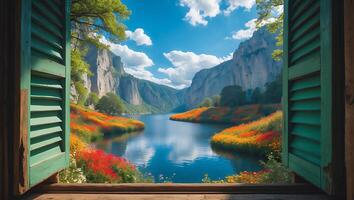 Scenic River View Through Open Window with Flowers photo