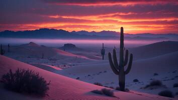 Desert Landscape with Cactus and Dunes at Sunset photo