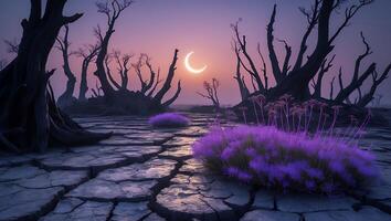 Cracked Earth and Purple Plant at Night with Moon photo