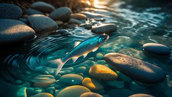 Fish Swimming in Shallow Stream with Pebbles and Sunlight photo