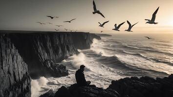 Cliffside View with Man and Birds Over Ocean Waves photo