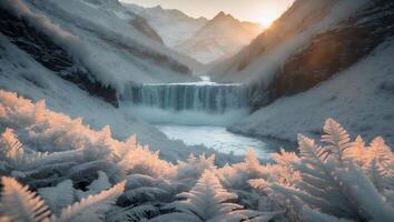 Winter Waterfall Scenery with Snowy Mountains and Frozen Plants photo