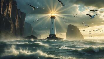 Lighthouse Guiding Birds Through Rough Sea Near Rocky Coast photo
