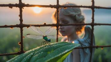 Dragonfly on Leaf Near Girl Behind Fence at Sunrise photo