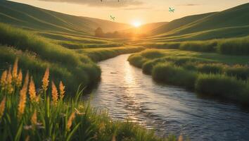 River Flows Through Green Hills at Sunset photo