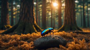Iridescent Beetle on Rock in Forest Sunlight photo