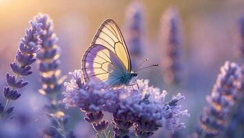 Butterfly on Lavender in Meadow at Sunrise photo