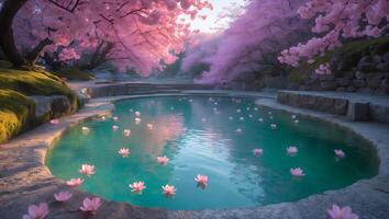 Lotus Flowers in Pond with Cherry Blossoms photo