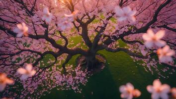 Cherry Blossom Tree with Pink Flower on Green Grass Aerial View photo
