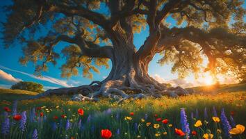 Majestic Tree in Flower Field at Sunset Scenery photo