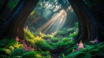 A forest with sunbeams shining through the trees photo
