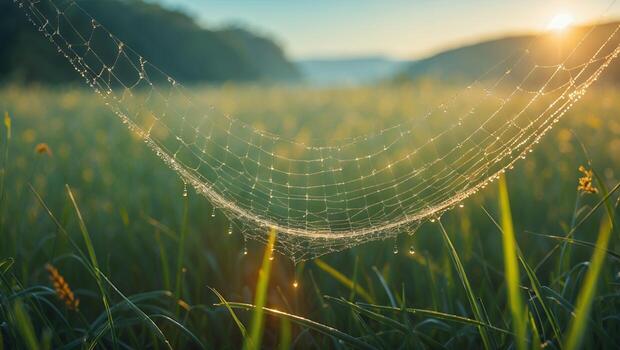 Spiderweb with Water Droplets at Sunrise photo
