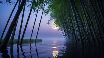 Bamboo Forest Moon Reflection Serene Landscape photo