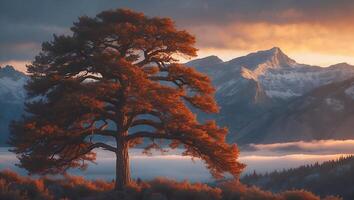 Lone Tree and Mountains Landscape at Sunset photo
