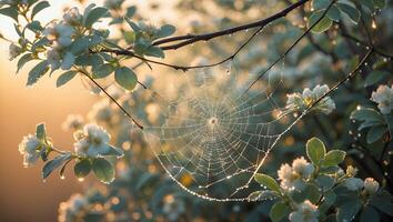 Spiderweb Between Flowering Branches with Water Droplets photo