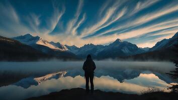 Person at Mountain Lake Reflection Under Cloudy Sky photo