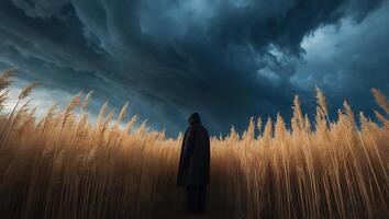Figure in Dark Cloak Standing in Tall Golden Grass Under Stormy Sky photo