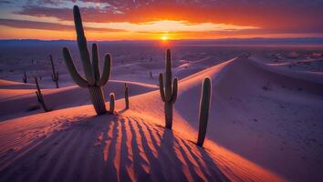 A desert scene with cactus plants and a sunset photo