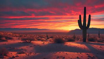 Desert Landscape with Cactus Plants at Sunset photo