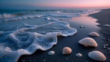 Seashells on Beach at Sunset with Foamy Waves Rolling in photo