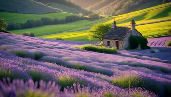 Lavender Field and Stone House in Provence Landscape photo