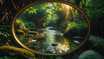 Forest River Through Golden Frame View with Sunlight photo