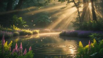 Tranquil Pond at Sunrise with Fog and Flowers photo