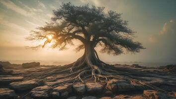 Majestic Tree with Exposed Roots at Sunset photo