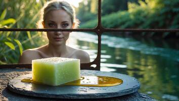 Green Cake on Plate with Woman in Background Outdoor photo