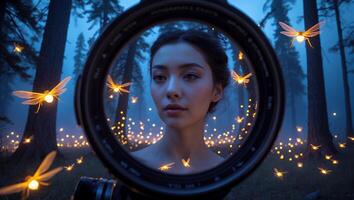 Woman and Firefly in a Forest at Night Through Camera Lens photo