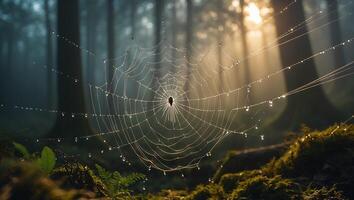 Spiderweb with Dew Drops in Forest photo