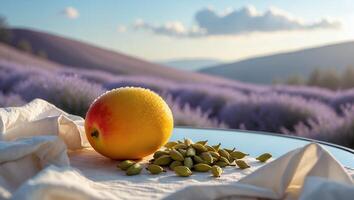Mango and Cardamom with Lavender Field Background photo