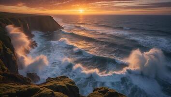 Ocean Waves Crashing Against Cliff at Sunrise photo