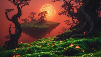 Fantasy Landscape with Floating Island, Glowing Mushrooms, and Mystic Sun photo