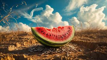 Watermelon Slice with Seeds on Ground Under Bright Blue Sky photo
