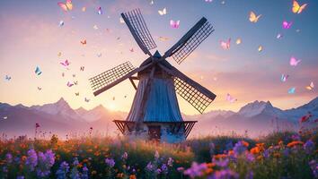 Windmill with Butterflies Over Field at Sunset photo
