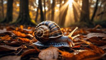 Snail Crawling on Autumn Leaves in a Forest photo