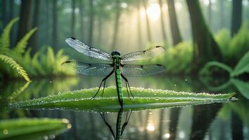 Dragonfly on Leaf in Forest Landscape photo