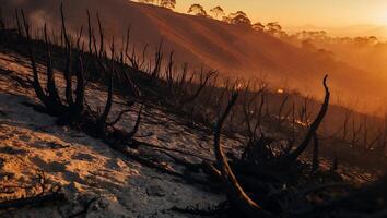 Burnt Landscape with Hill and Golden Sunlight After Wildfire photo