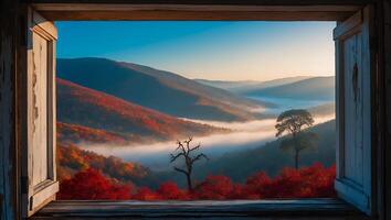 Autumn Mountain View Through Open Window at Sunrise photo