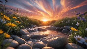 Stream Flowing Through Meadow at Colorful Sunset photo